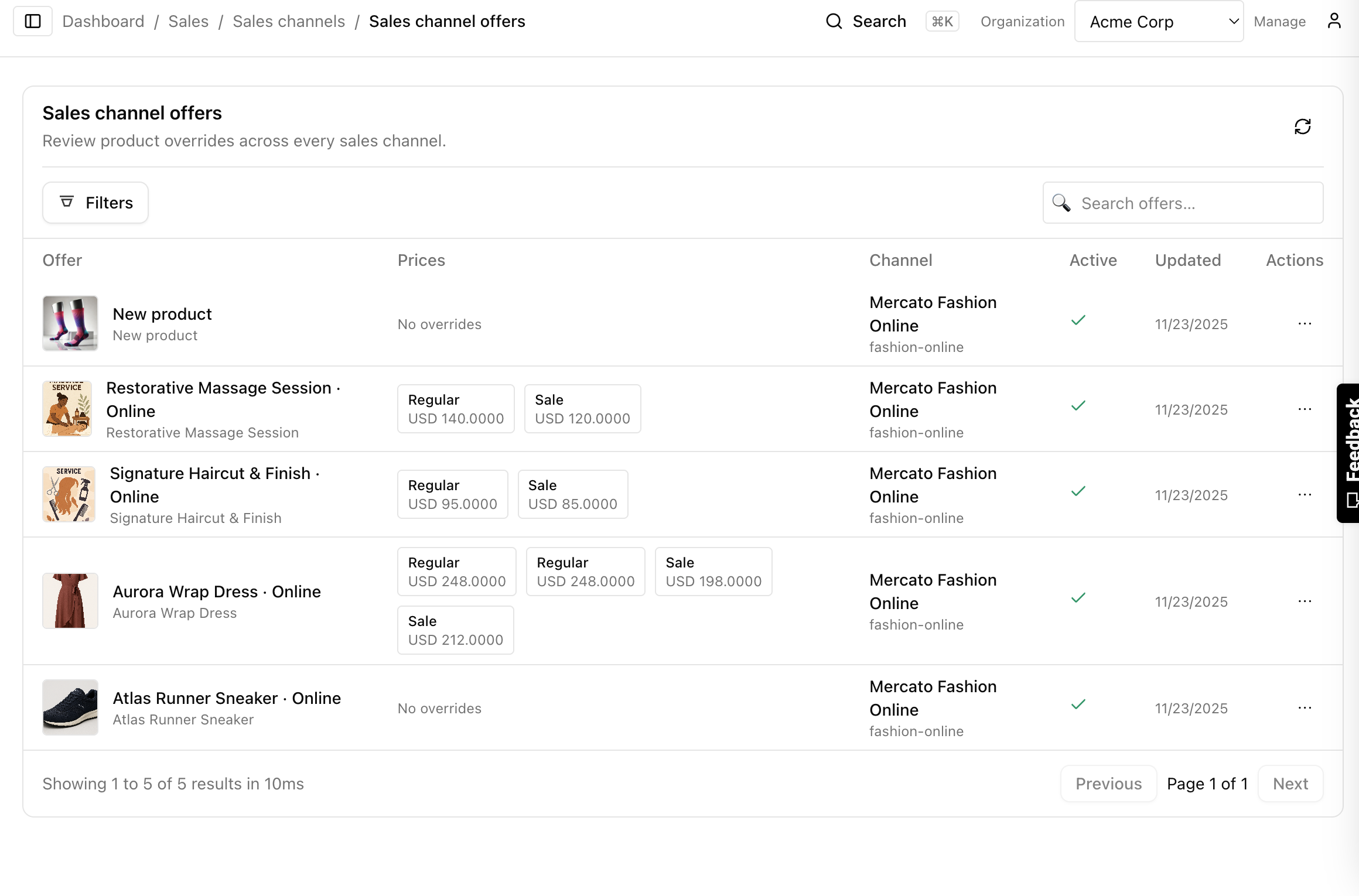 Sales channel offers listing